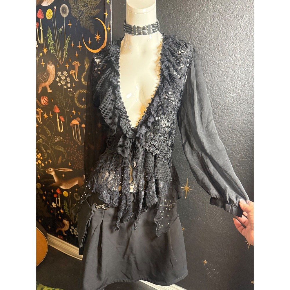 Pretty Angel Black Lace Ruffle Cardigan Top Rhinestone Gothic Whimsigoth Large
